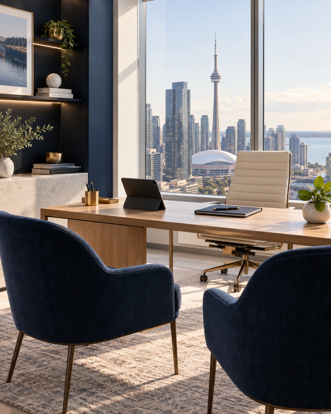 Modern financial advisory office overlooking Toronto