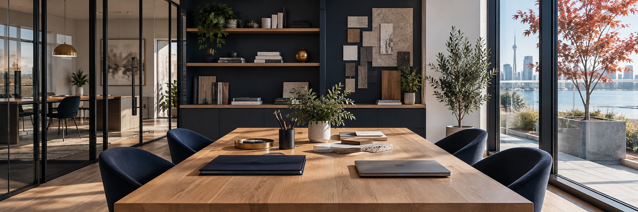 Modern Canadian business studio with a meeting table and planning materials
