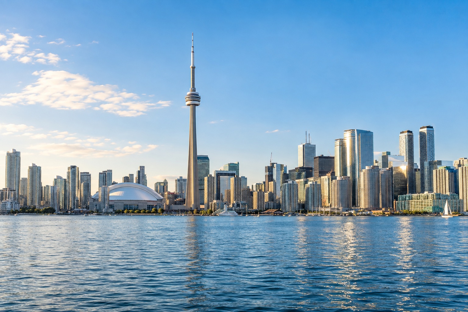 Toronto waterfront skyline and CN Tower across Lake Ontario