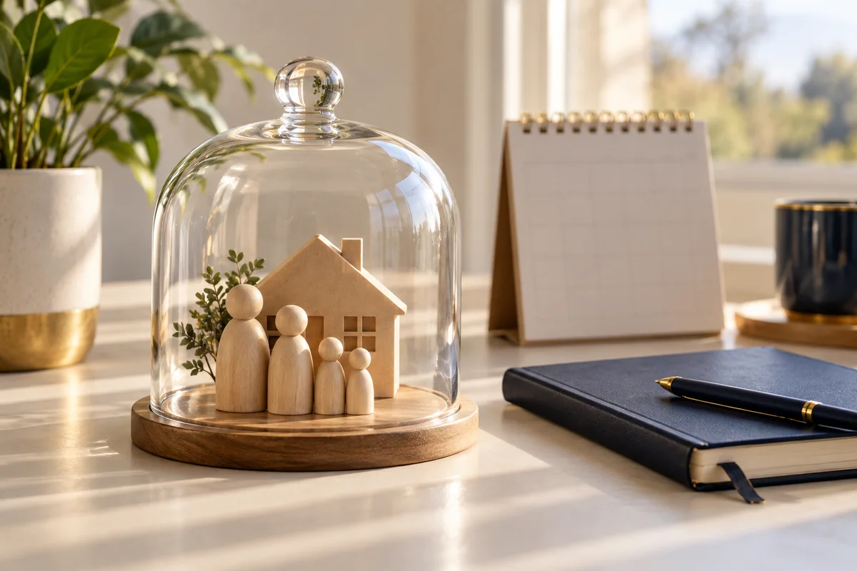 Wooden family and home beneath a glass dome beside a calendar and navy notebook