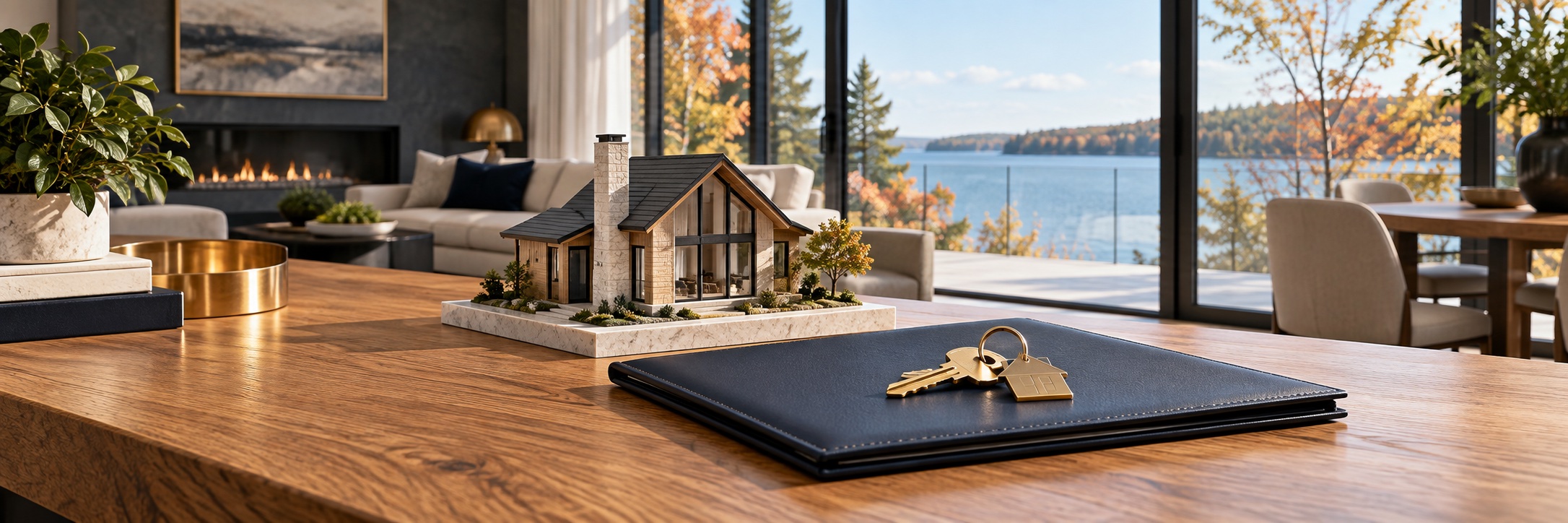 House model, property keys and estate planning folio in a contemporary home