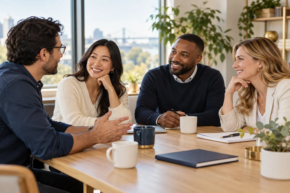 Financial services professionals collaborating around a meeting table