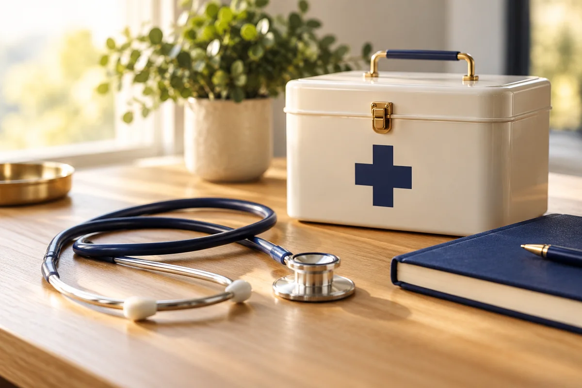 First-aid box and stethoscope beside a navy notebook on a sunlit desk