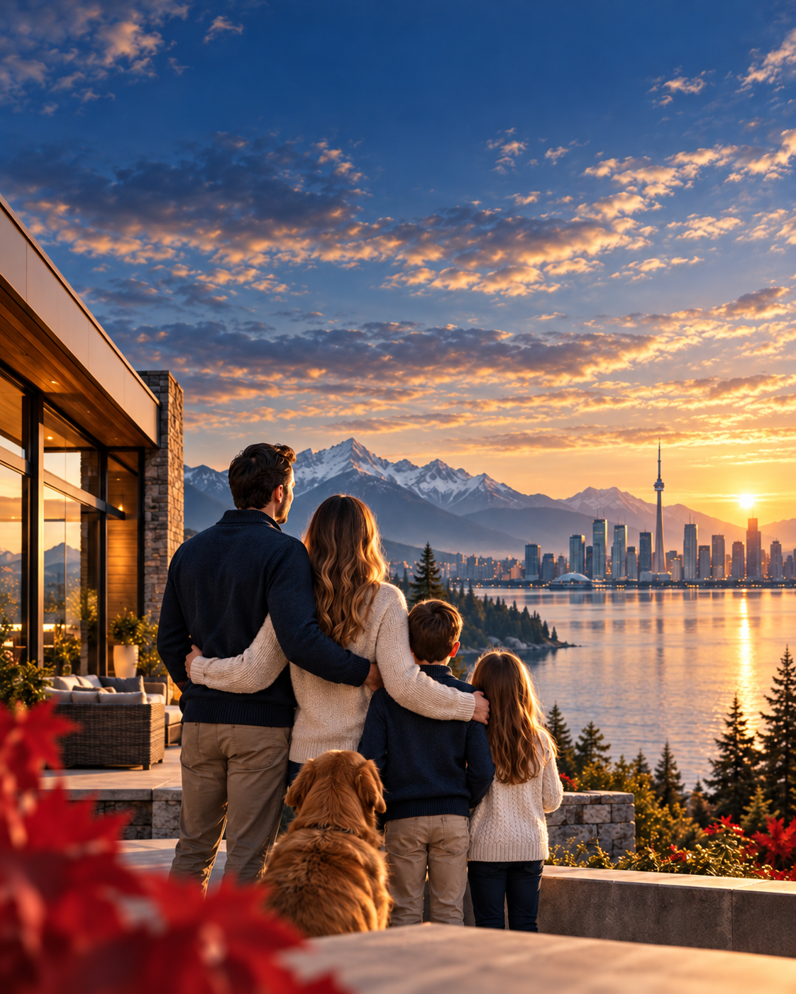Toronto skyline and CN Tower with a house model, property keys and estate planning folio