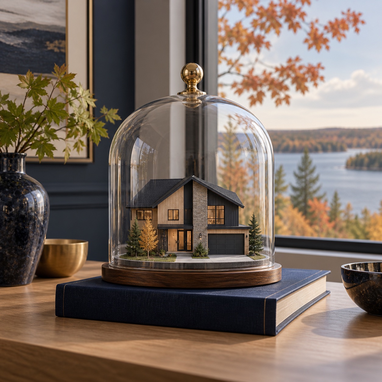 Canadian house model protected beneath a clear glass dome