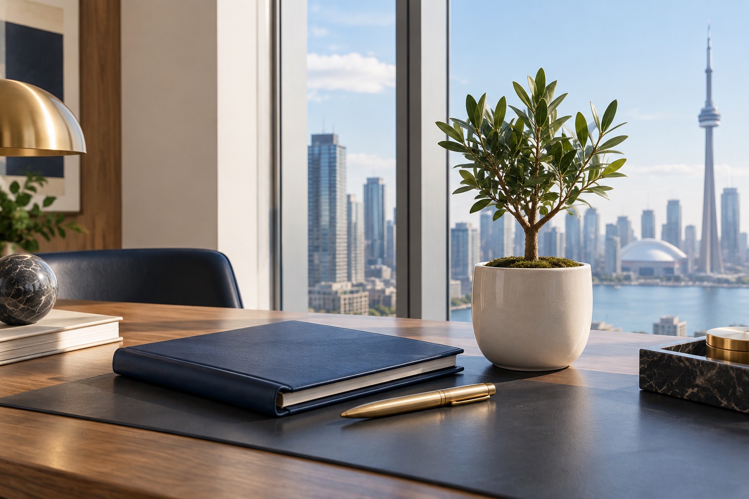 Investment planning folio and growing tree overlooking the Toronto skyline