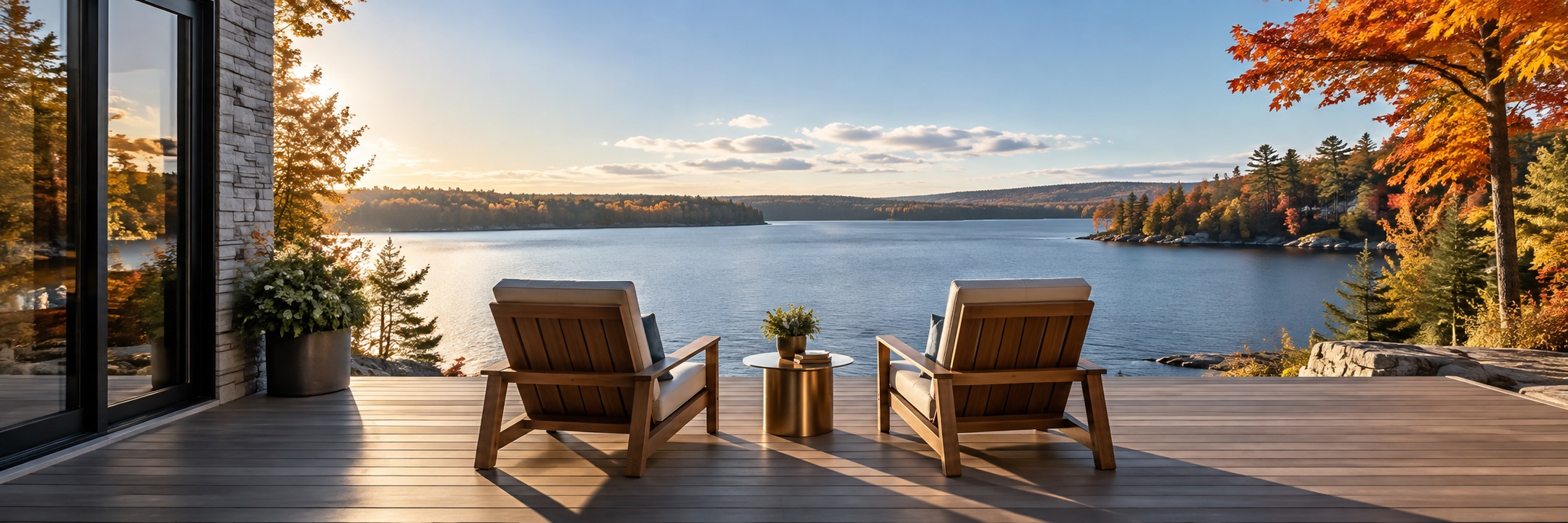 Two empty lounge chairs overlooking a peaceful Ontario lake
