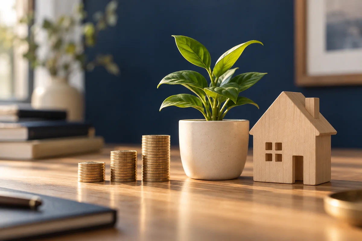 Gold-toned coins beside a young green plant and a wooden home on a sunlit desk