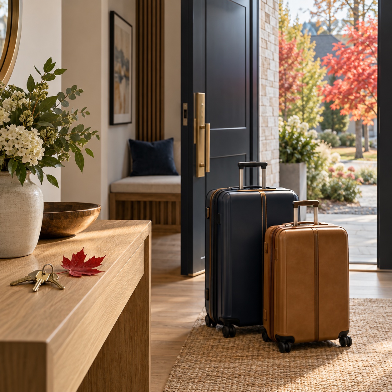 Travel luggage in a welcoming Canadian home with autumn maple foliage