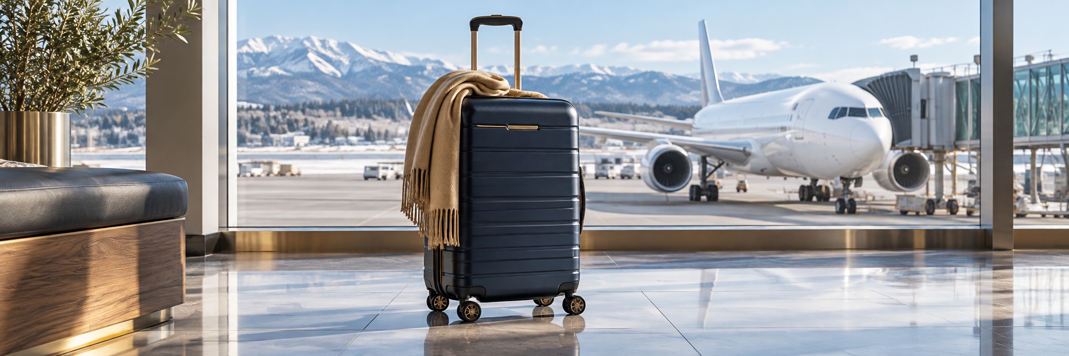 Travel suitcase beside an airport window overlooking a passenger aircraft