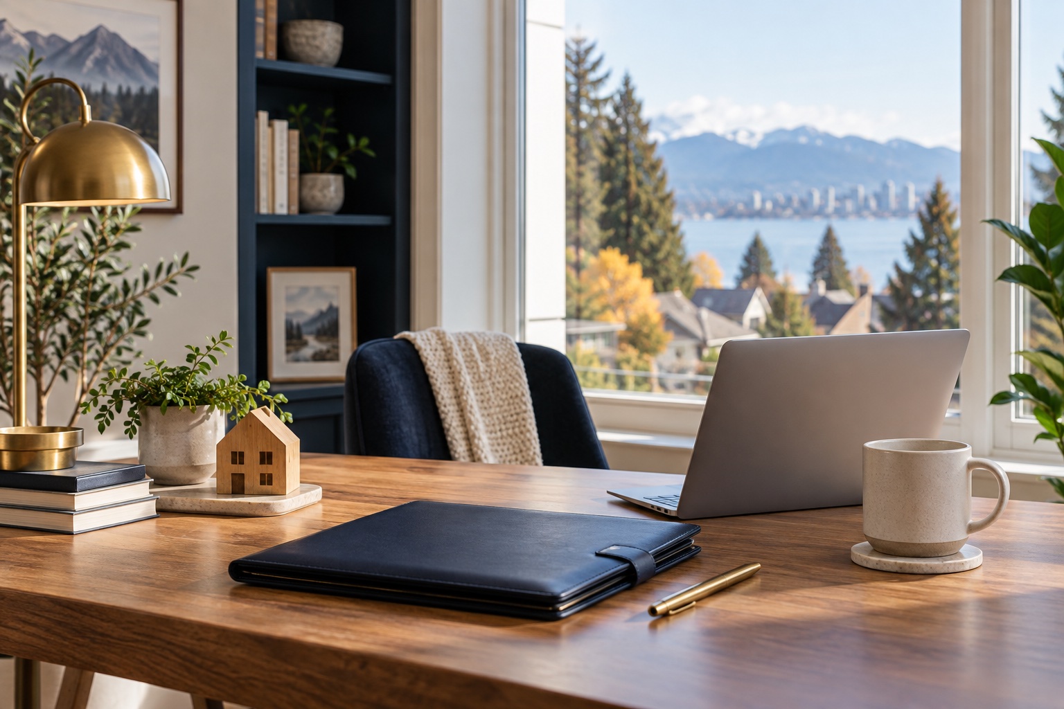 Modern financial planning workspace with a notebook, laptop and house model